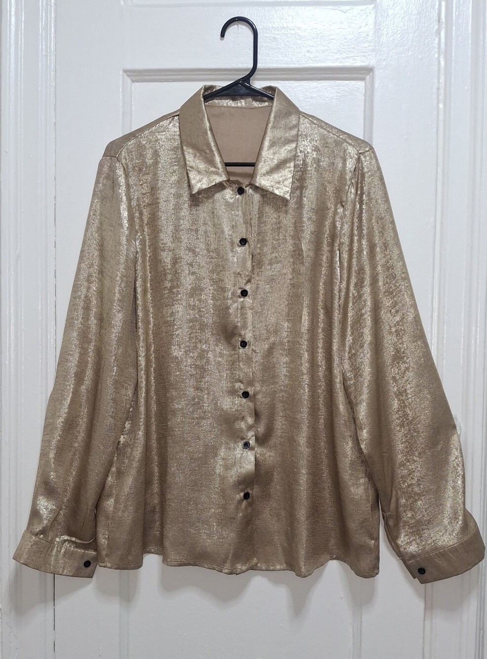 SHEIN Gold Metallic Button Up Blouse Women's XL Long Sleeve Shimmer
